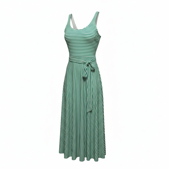 LOFT Dresses & Skirts - LOFT Green Striped Sleeveless Dress Stretch Jersey w Self Belt Size Large EUC